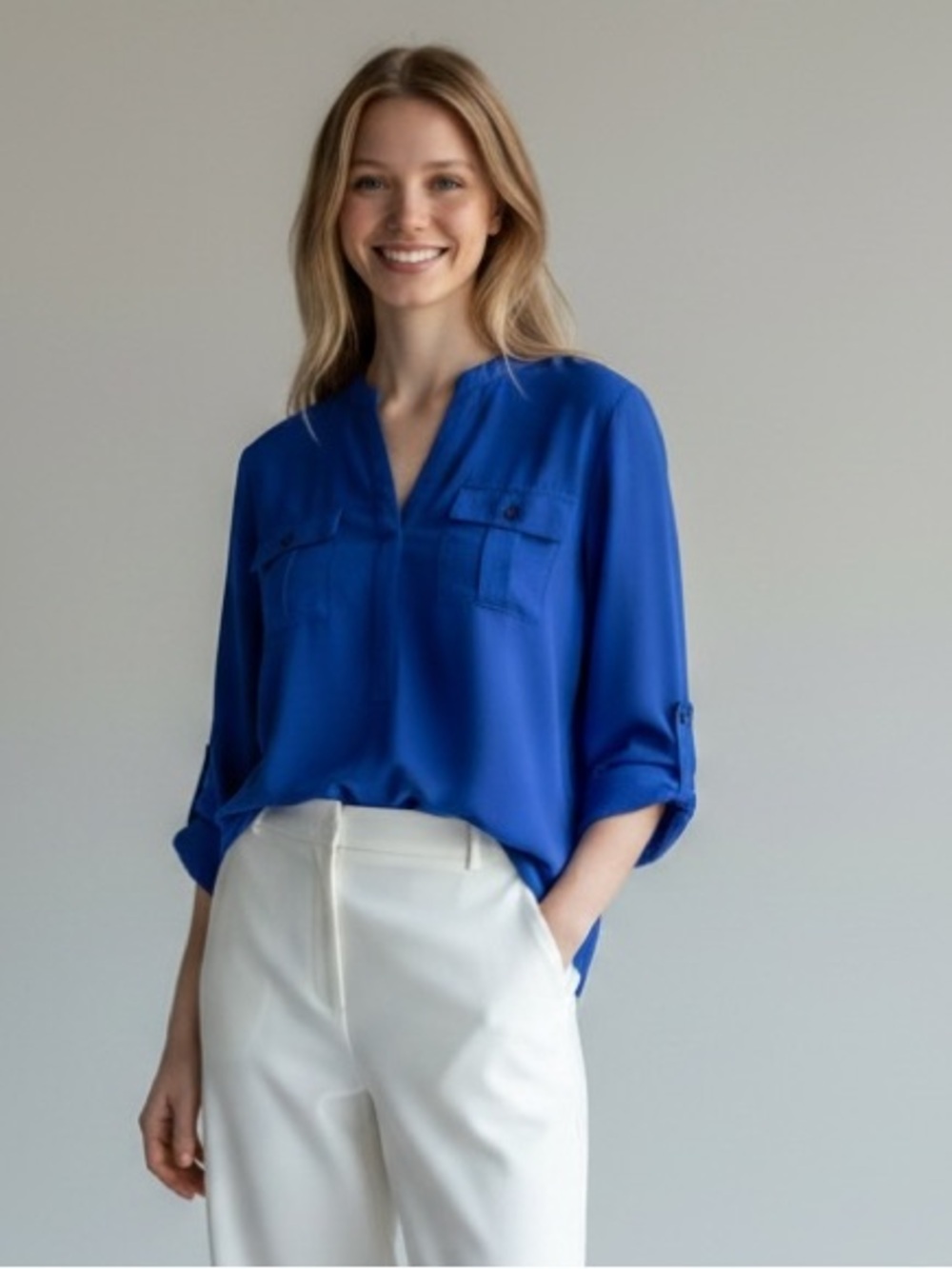INC International Concepts Blue Two Tone Blouse Petite Small